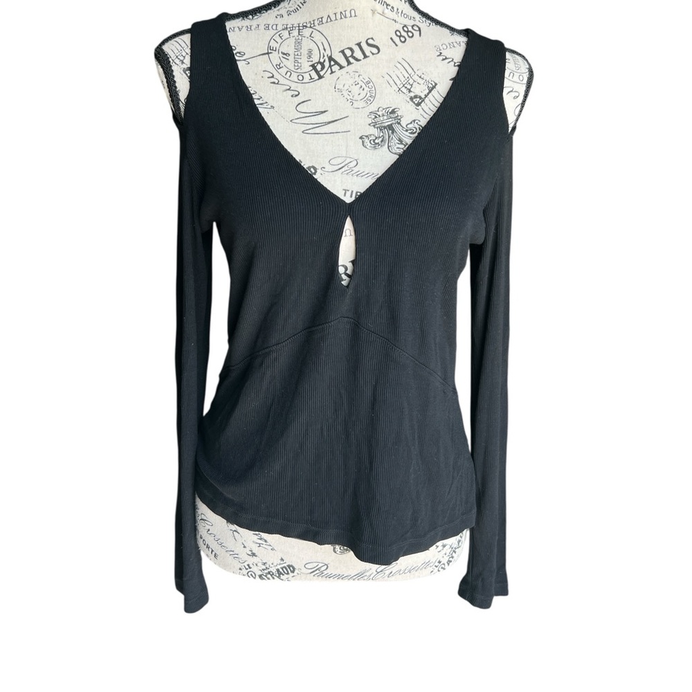 LNA revolve made in USA Black Keyhole V-Neck long sleeve ribbed shirt Sz L